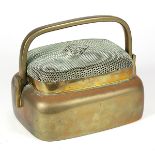 Chinese brass hand warmer, the rectangular lid pierced with a Wanzi pattern in the center, the