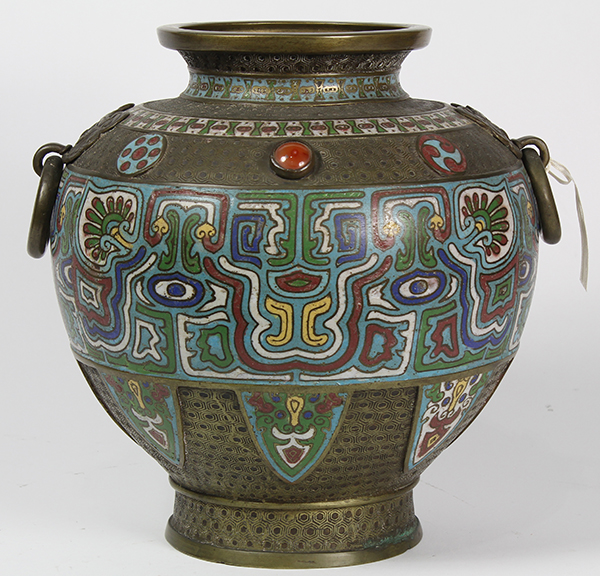 Japanese champleve bronze jar, short neck above bulbous body, decorated with two carnelian insets