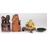 (lot of 4) Chinese soapstone carvings, the first of a cabbage and four rabbits; the second, a seal