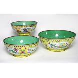 Set of three Chinese painted enameled nesting bowls, the exteriors with Daoist Treasures in