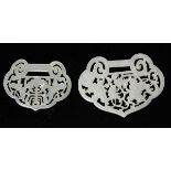 (lot of 2) Chinese pierced ruyi lock form plaques, a jade pierced with bat and shou flanked by