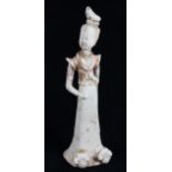 Chinese Tang pigment decorated pottery figure, the beauty with a tall chignon and head tilted to