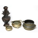 (lot of 4) Chinese copper alloy censers and vase, consisting of three censers with compressed bodies