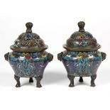 Pair of Chinese cloisonne enameled censers, the domed lid with ruyi heads, flowers and bats, with