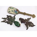 (lot of 3) Chinese decorative items, consisting of two enamel articulated goldfish, one pink and one