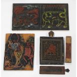 (lot of 5) Himalayan wooden printing blocks, the first two of narrow form with text; the third,