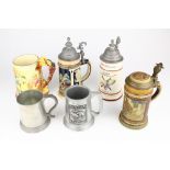 (lot of 6) Stein and tankard group, including three German-made with hinged lids, one with double
