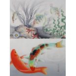 (Lot of 4) Ohno Bakufu (Japanese, 1888-1976), woodblock prints: 'Goldfish', 'Blowfish and Starfish',