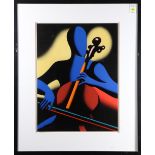 Mark Kostabi (American, b. 1960), Blue Man Playing a Cello, 1997, screenprint in colors, pencil