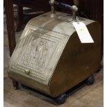 English Victorian brass coal scuttle, the rectangular top set with a handle above a fall front