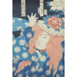 (lot of 4) Group of Japanese woodblock prints: Toyohara Kunichika (1835-1900), Kabuki prints of '