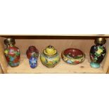 (lot of 6) One shelf of Chinese cloisonne items, including three vases, one brush washer and two