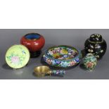 (lot of 6) Chinese cloisonne enameled items, including a painted enamel dish with birds and