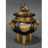 Chinese bronze lidded tripod censer, with gilt flowers in the reserved panel over the melon formed