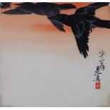 Shibata Zeshin (Japanese, 1807-1891), 'Crows at Sunset', woodblock print, lower right signed '81