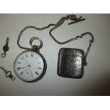 A sterling silver cased pocketwatch and a vesta case on an albert marked 9ct