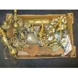 A box of assorted metalwares to include wall lights candlesticks and bells