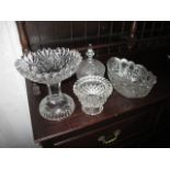 A lead crystal comport and 3 other glass items