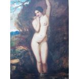 An oil on canvas nude in a pool in the manner of William Etty, framed in a Watts style frame