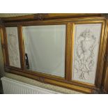 A large gilt framed over mantle mirror, flanked by neo-classical style marble plaques