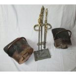 A 19th Century 3 piece brass companion set and 2 copper coal scuttles