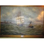 Oil on canvas of tall sailing ship under tow by tug signed lower left