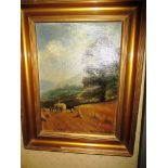 Oil on board 'Harvest time'  Leith hill, Surrey, signed lower right  J Timms 1914