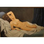 A modern picture on canvas of a recumbent naked woman, signed lower right S. DelaMare