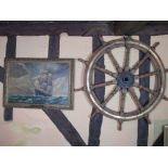 Ships wheel reportedly from the HMS Beagle and an Oil on Canvas of HMS Beagle off the coast of South