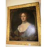 An oil on canvas  bust portrait of an Irish lady in feigned oval surround in square lily pattern