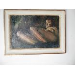 An oil on board of a reclining nude woman signed lower right D E Pinto possibly a Keating