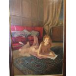 A modern picture on canvas of a naked woman reading signed lower left S. Delamare