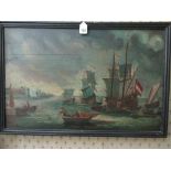 A framed Oil on board of dutch sailing ships in harbour