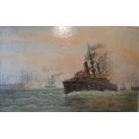 An unframed oil on canvas of a naval fight of the Franco Prussian war, signed lower left, Villiers