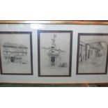 A triptych of pencil drawings of public houses, one of the Blue Boar Maldon