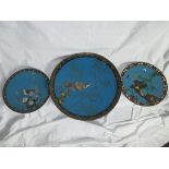 3  cloisonne wall plaques. 2 with bird subjects