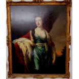 A large oil on canvas, three quarter portrait of a lady in a silk robe, after Reynolds