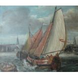Oil on board of an Amsterdam harbour scene with ships at sail