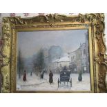 Oil on canvas Parisian street scene in winter, in an antique gilt scroll frame