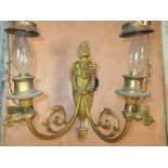 5 twin branched, 19th Century gilt brass wall lights converted for electricity with rams head