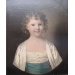 An oil on canvas, half length portrait of a child wearing a white dress with blue sash, in gilt