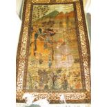 A vintage Nepalese pictorial hand woven silk rug from the Kathmandu valley