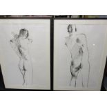 A pair of large charcoal portrait nudes in glazed frames