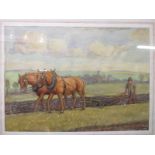 A framed watercolour C1935 "Ploughing with Suffolks" signed Lower left E H Payne