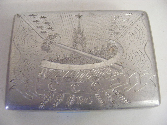 Russian WW2 Trench Art Aluminium Cigarette Case Dated 1945