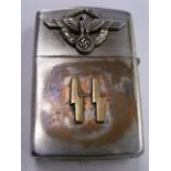 Flip Top Lighter In Working Order With SS & German Silver Badge Motifs & Swastika To Verso
