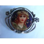 Silver Mounted Porcelain Brooch