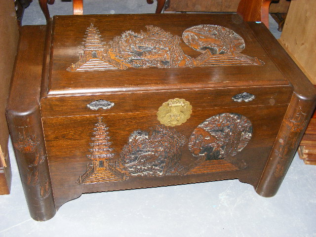 Carved Chinese Camphor Wood Chest