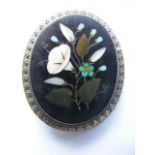 C.1900 White Metal Mounted Pietra Dura Brooch