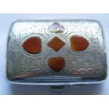 White Metal Chased Cigarette Case With Agate Inserts